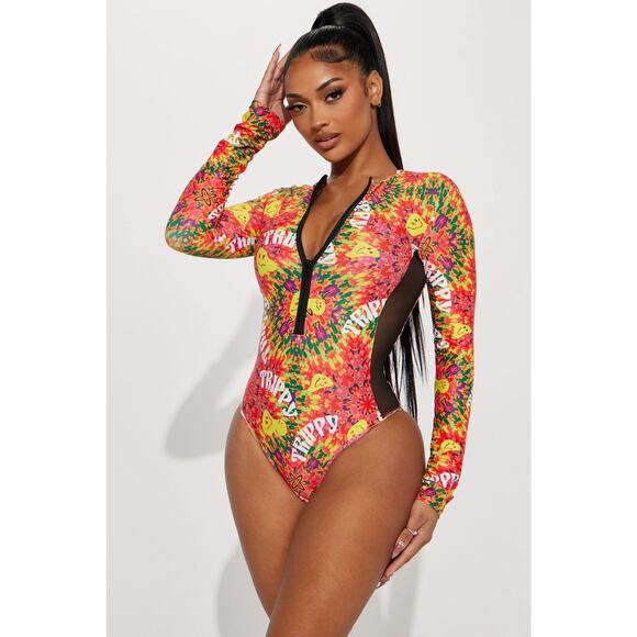 Fashion Nova Other - Fashion Nova Mad Trippy Swimsuit XL Pink Long Sleeve Beach Fun Colorful NEW